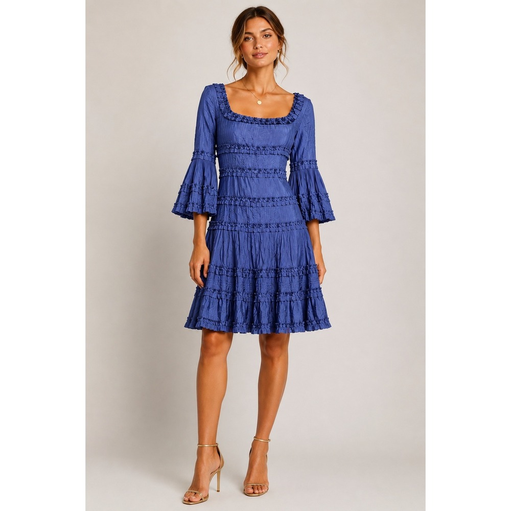 Blumarine Vintage 100% Silk Ruffled Tiered A-Line Bell Sleeve Dress IT 38 / US 2
